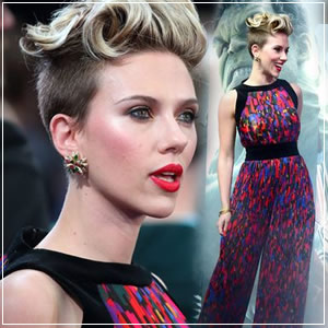 Scarlett Johansson sports punk hair in striking jumpsuit at Avengers premiere