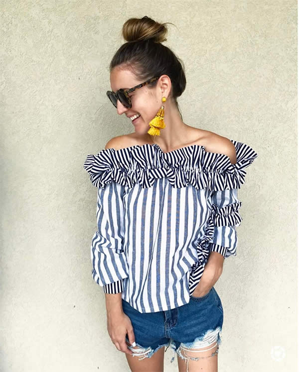 Combine two trends in one bold stripes and ruffled tops are a perfect match