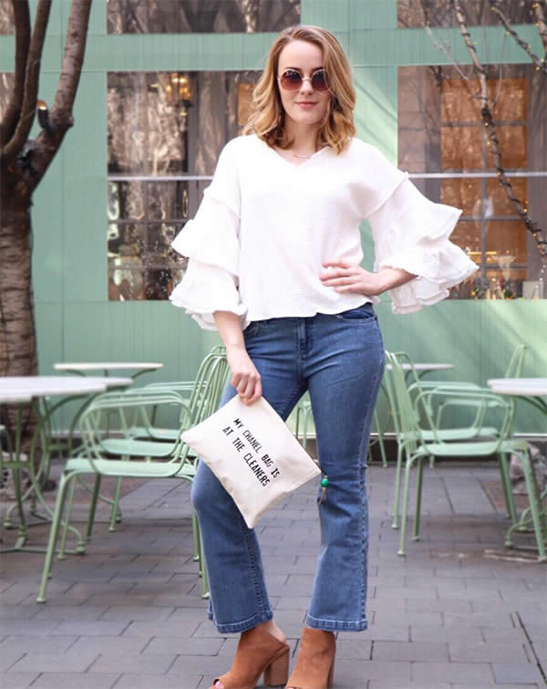 For an easy spring outfit, pair your ruffled shirt with jeans and mules or ankle boots