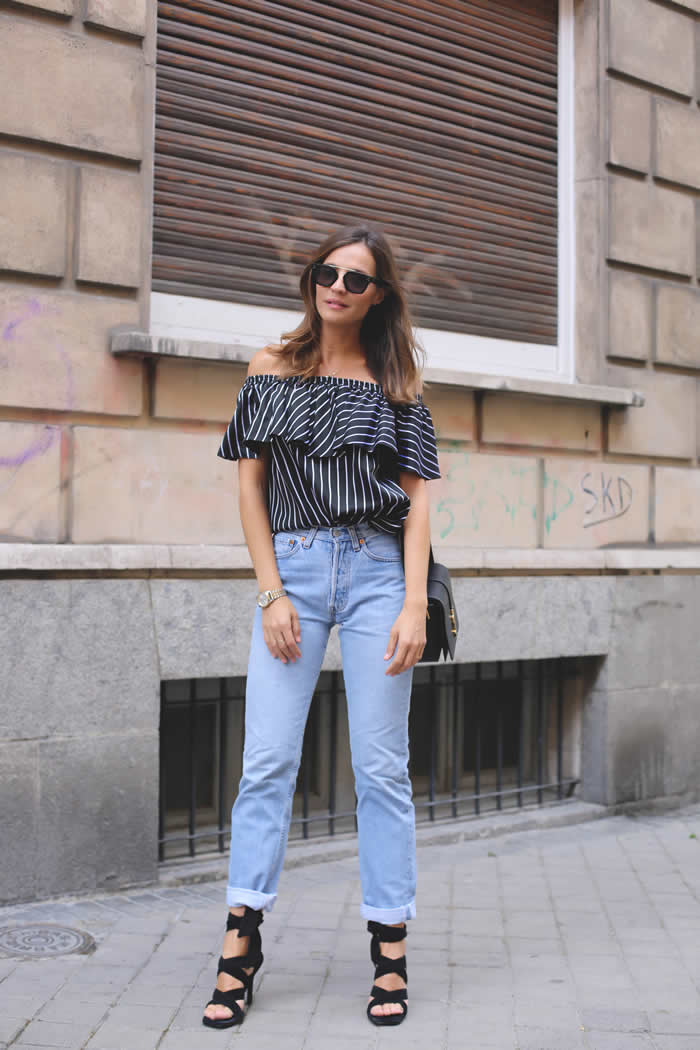 Mom Jeans + Off the Shoulder Top + Strappy Heels