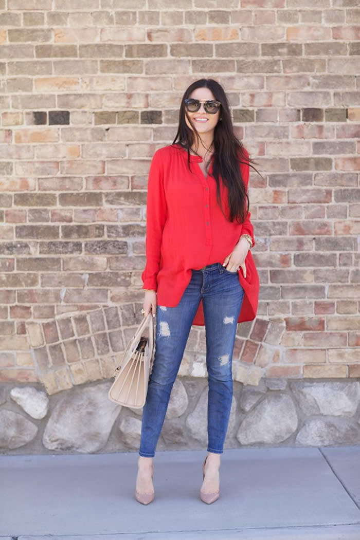 Red blouse + blue denim + nude mules
