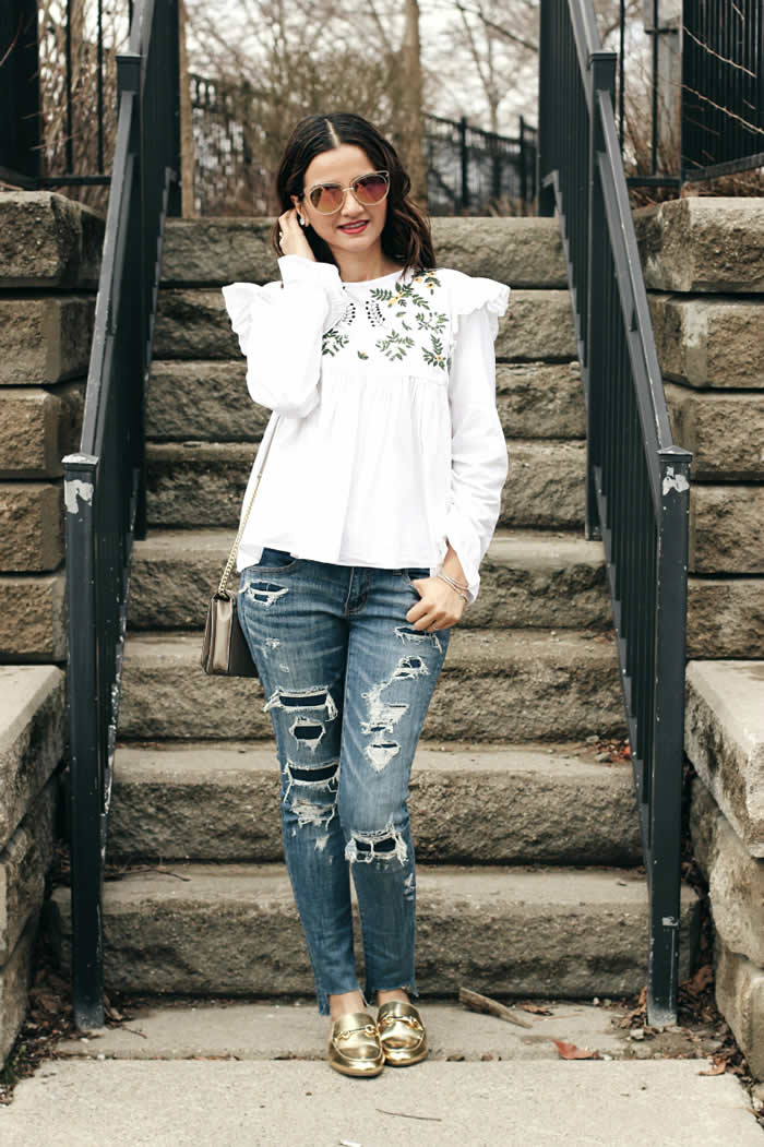 Ripped Denim + Embroidered Top + Metallic Mules