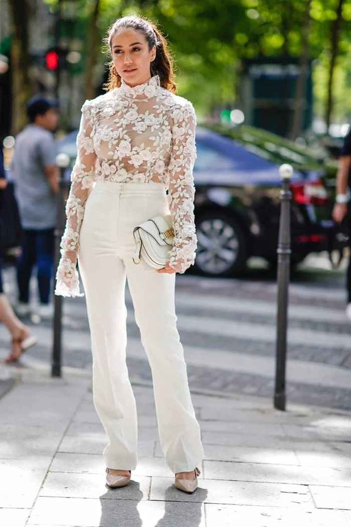 Pair your sheer tops with thick, high-waisted trousers and patent pumps for occasion dressing.