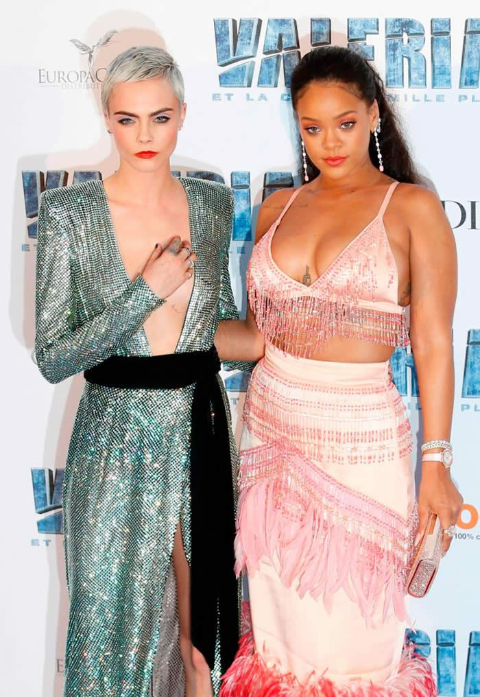 Rihanna and Cara Delevingne Wear Plunging Necklines at Valerian Screening in Paris