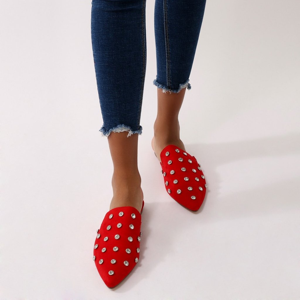 Lily Diamante Stud Flat Mules in Red Faux Suede