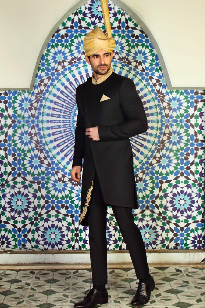 Angle Cut Black Sherwani
