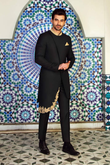 Angle Cut Black Sherwani