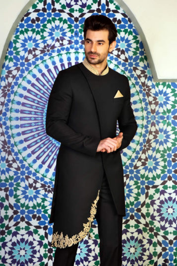 Angle Cut Black Sherwani