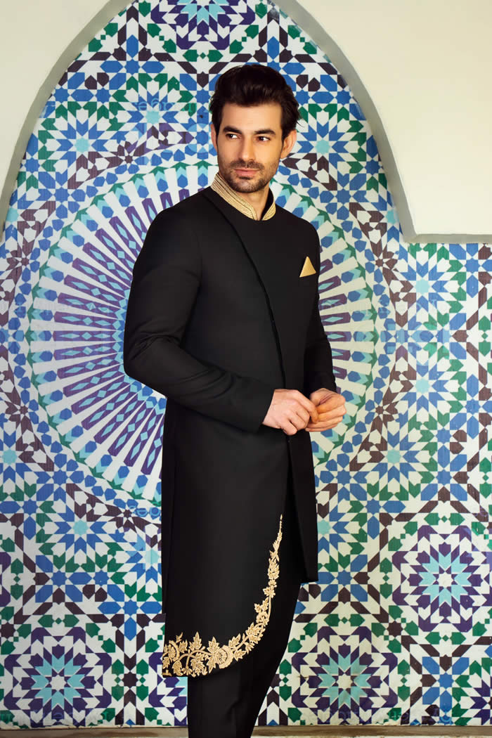 Angle Cut Black Sherwani