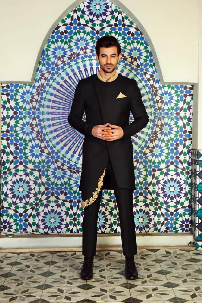Angle Cut Black Sherwani