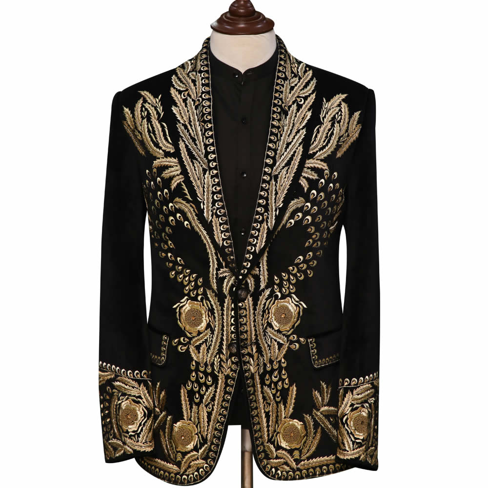 Black Blazer with Gold Hand-Embroidery 